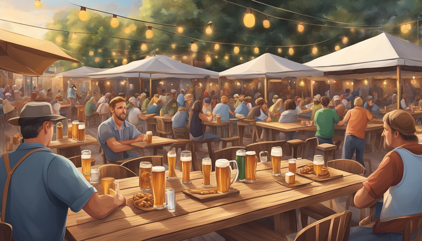 A bustling German Texan beer garden with long wooden tables, overflowing steins of beer, pretzels, sausages, and live music