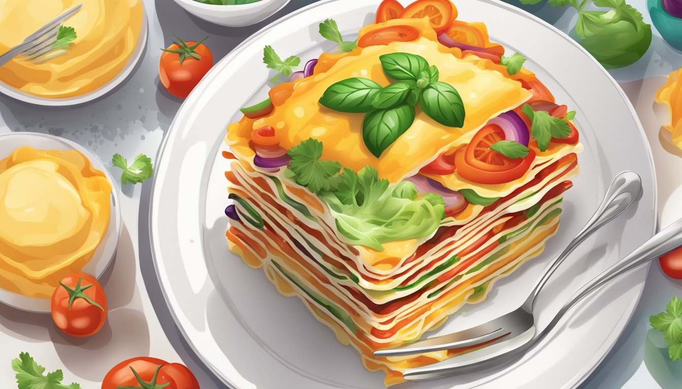 A fork cutting into layers of colorful vegetable lasagna on a white plate, steam rising from the dish