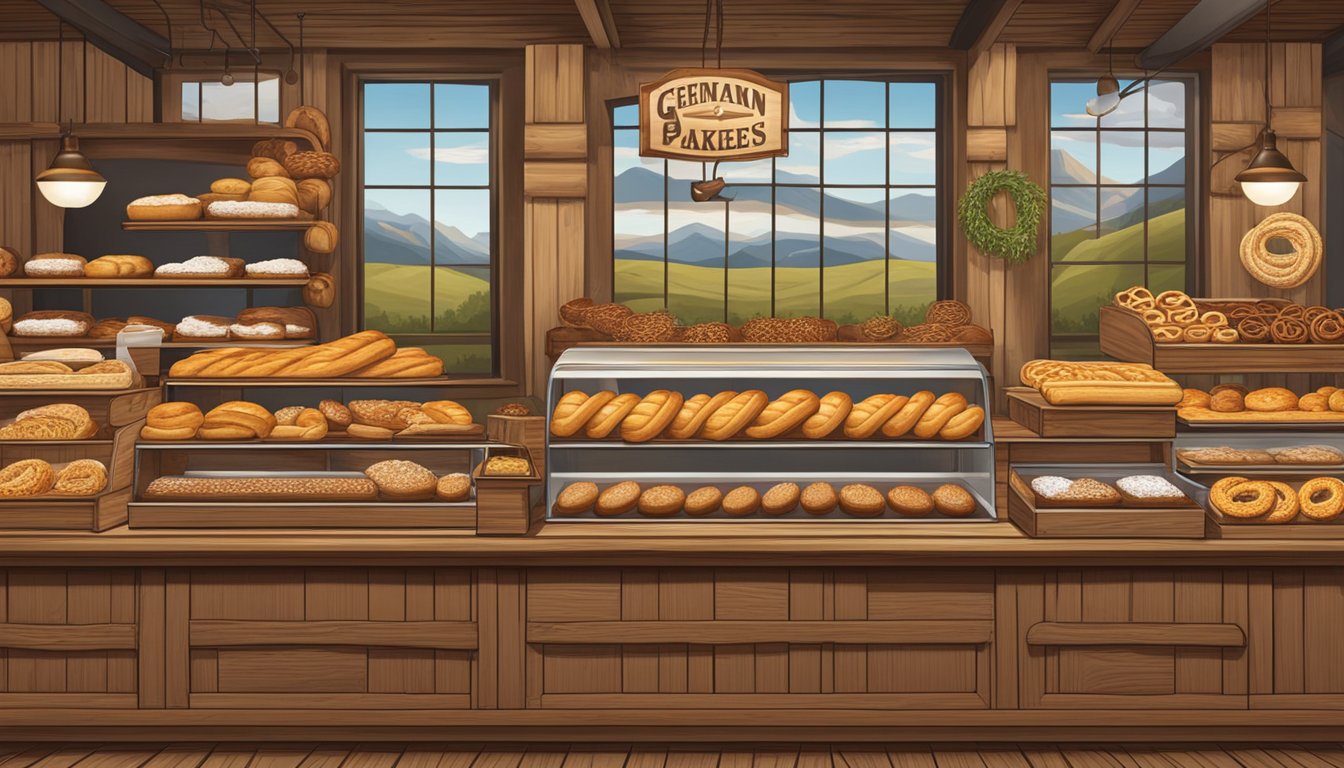 A rustic German-Texan bakery display filled with pretzels, strudels, and kolaches. Rich aromas of cinnamon and yeast fill the air