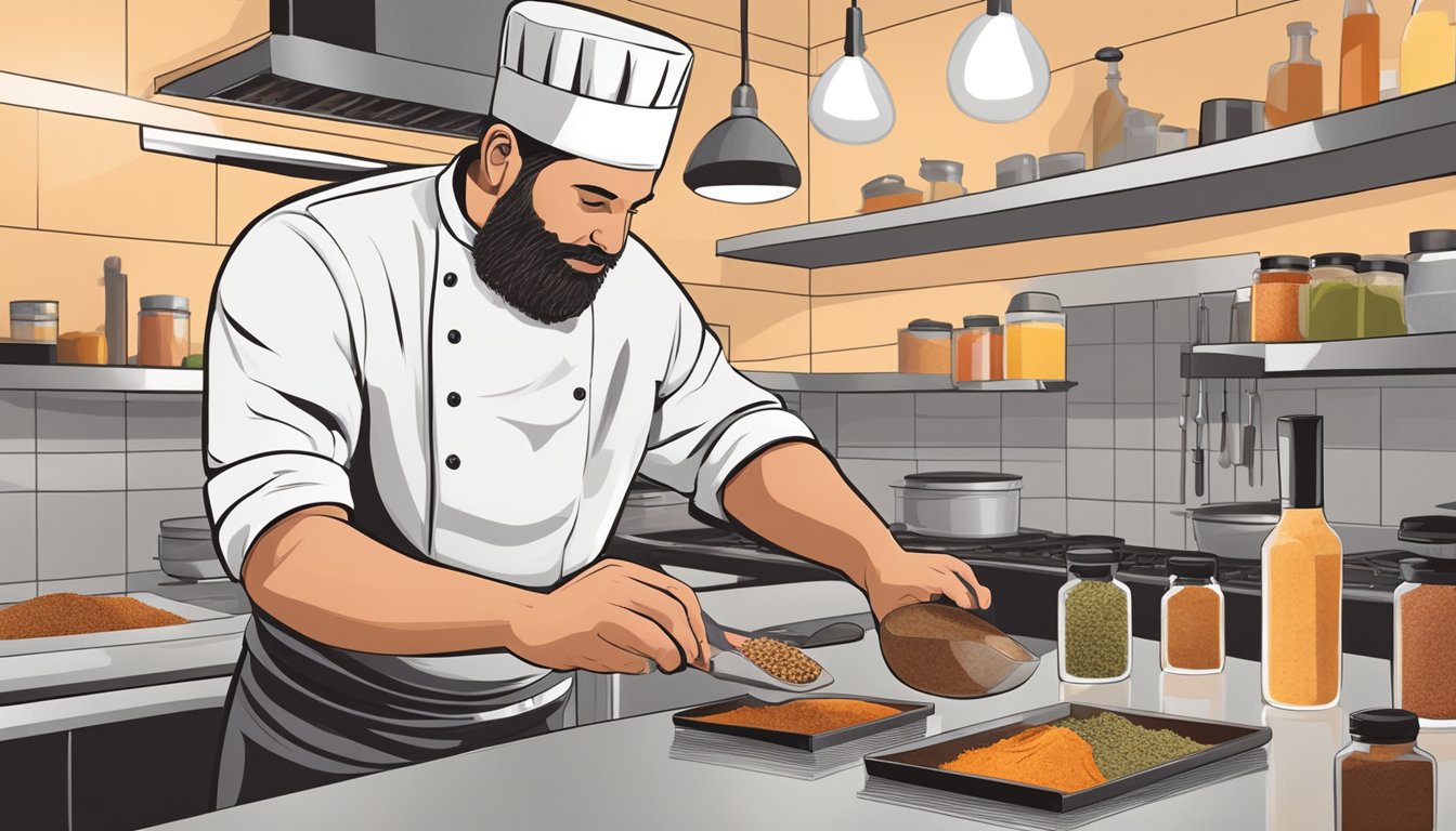 A chef blending traditional German spices with Texas barbecue techniques in a modern kitchen