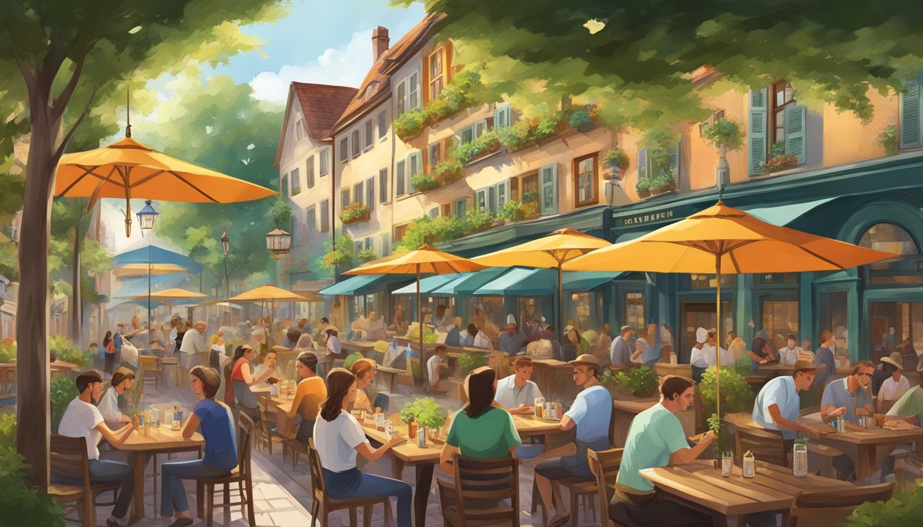 A bustling German Texan beer garden with long wooden tables, colorful umbrellas, and lush greenery, surrounded by historic buildings and lively chatter