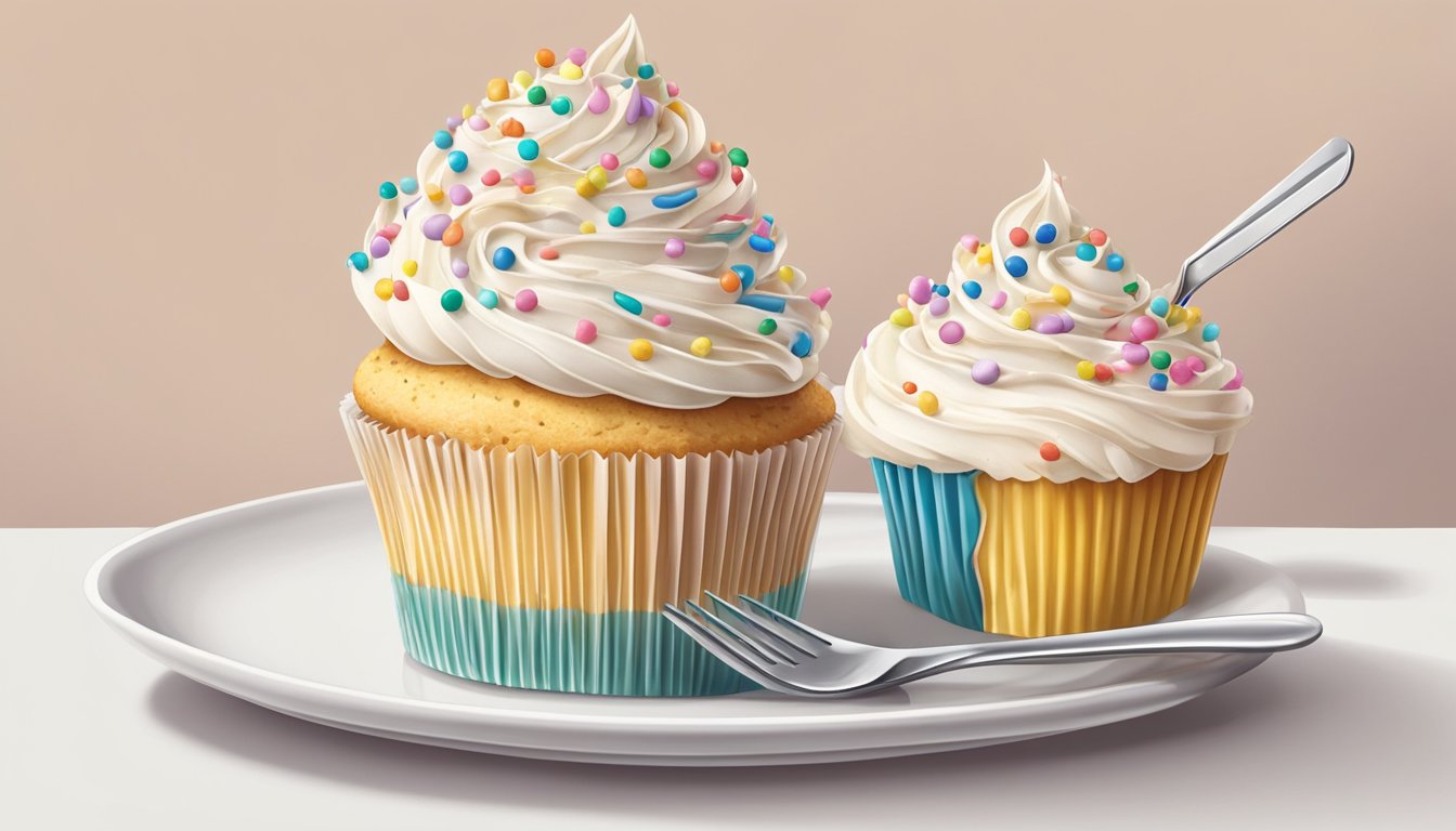 A vanilla cupcake sits on a white plate, topped with swirls of frosting and sprinkles. A fork rests beside it, ready to take a bite