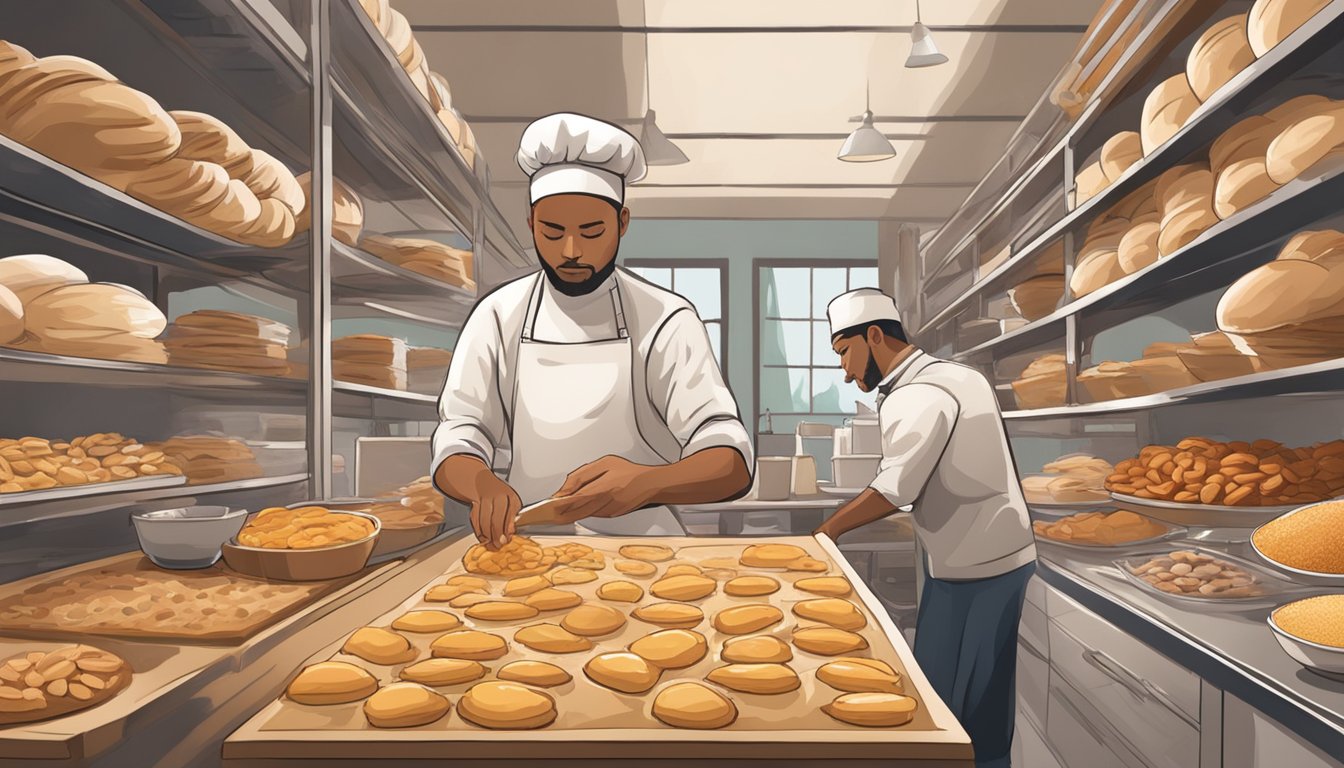 A bustling bakery kitchen filled with shelves of local ingredients like pecans, peaches, and honey, being mixed into dough by a baker