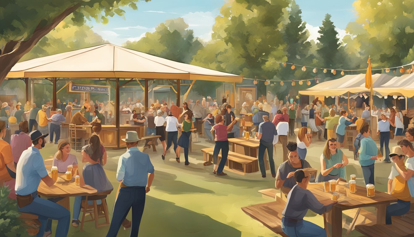 A lively beer garden with live music, dancing, and entertainment, blending German and Texan culture