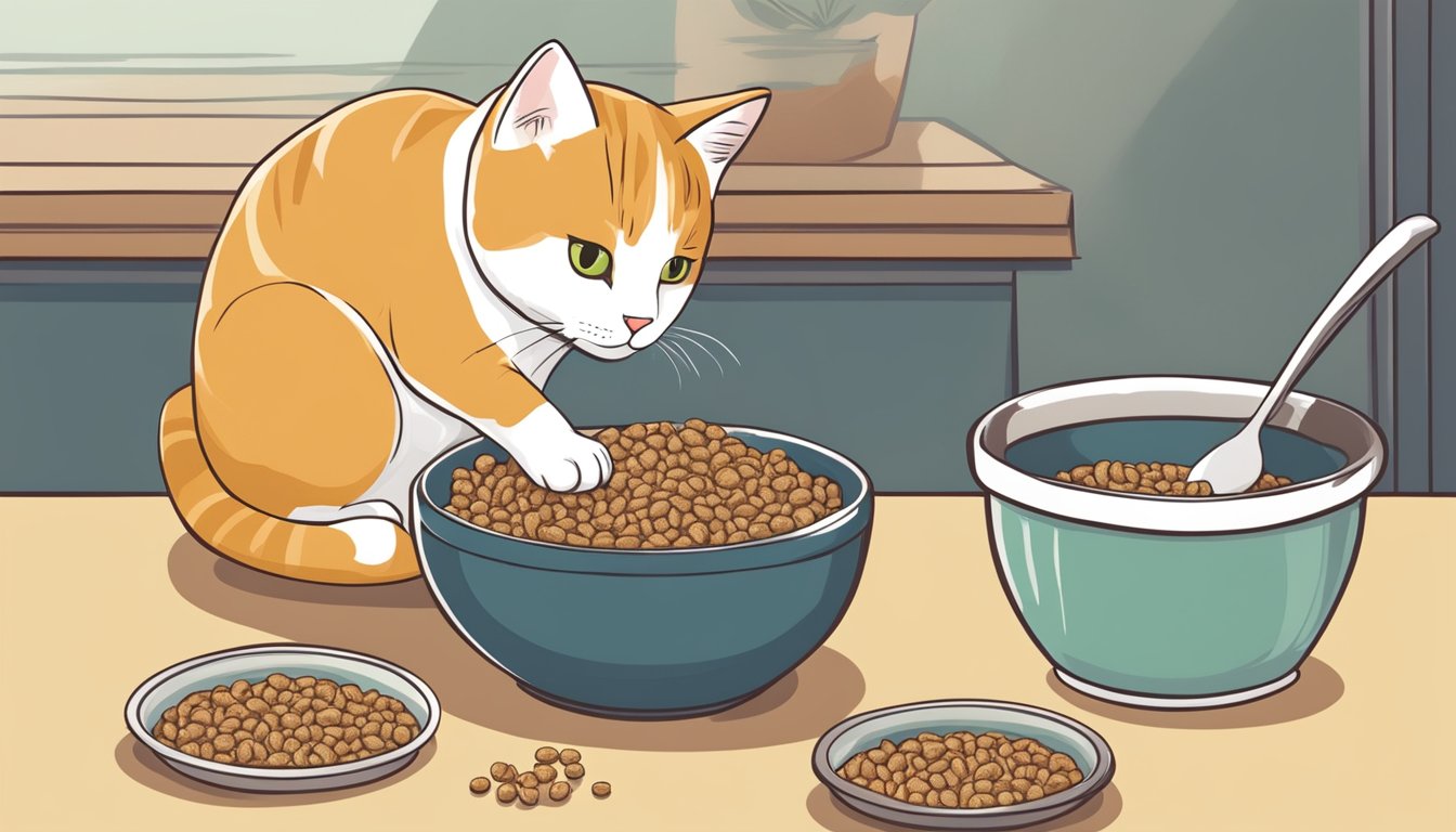 A cat sitting in front of a bowl of cat food, with its head lowered and eating from the bowl