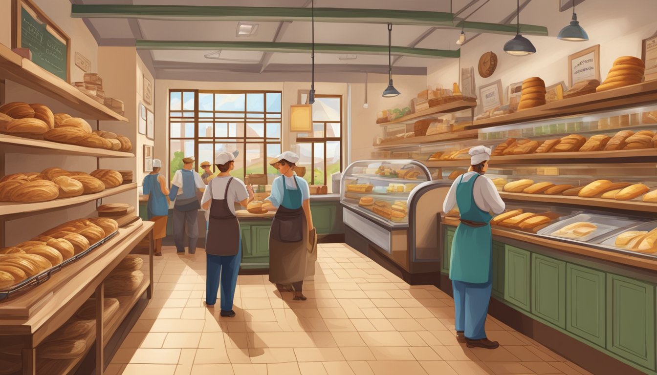 A bustling German Texan bakery, filled with the aroma of freshly baked bread and pastries. Customers chat and laugh, while the shelves are lined with traditional treats