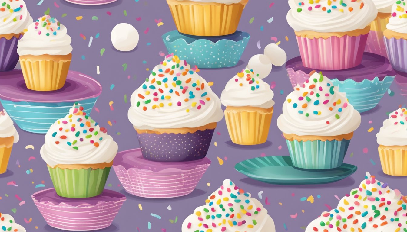 A vanilla cupcake with white frosting and colorful sprinkles, sitting on a patterned plate