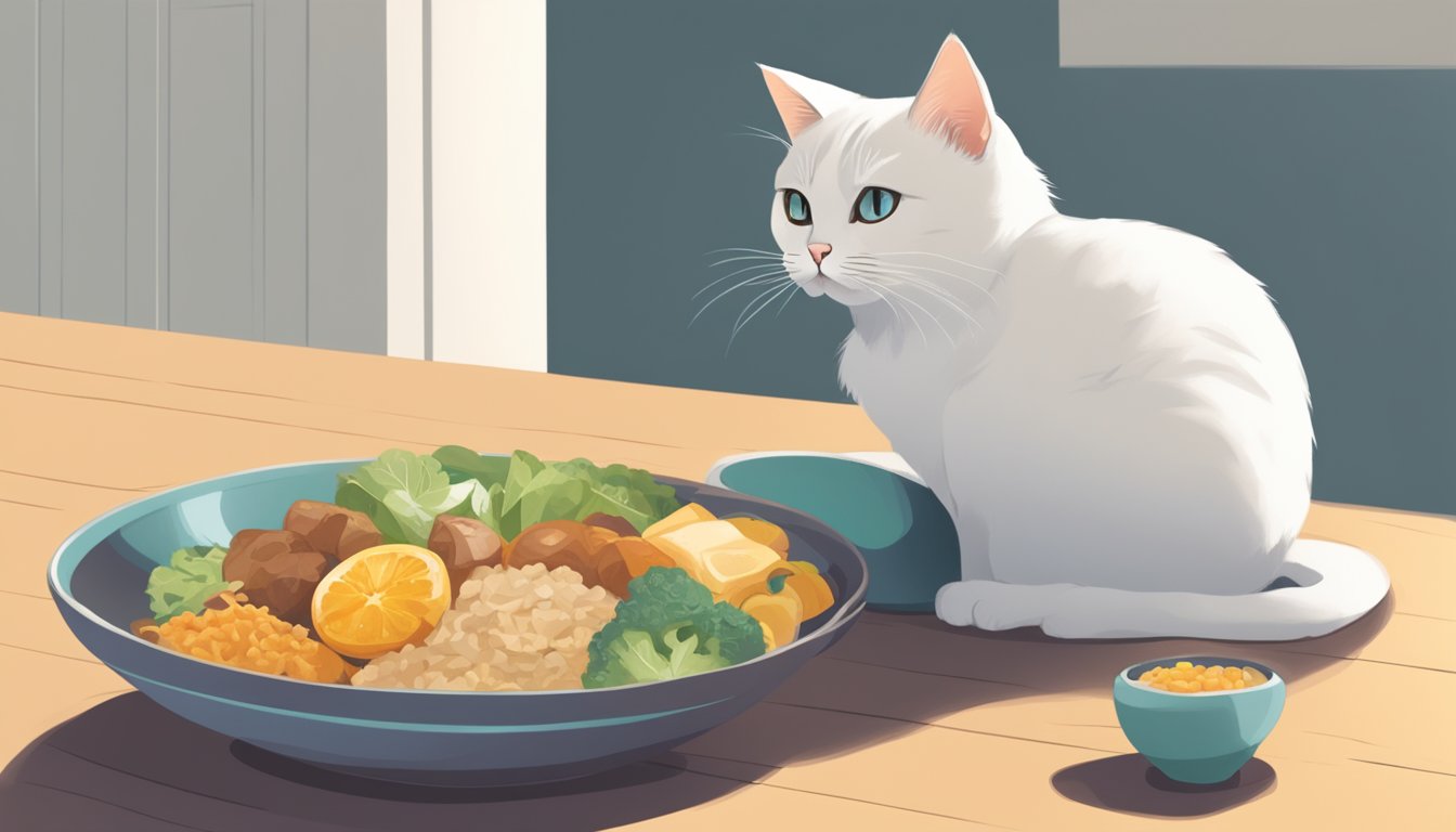 A cat sitting in front of a bowl of food, hesitating to eat while looking around nervously