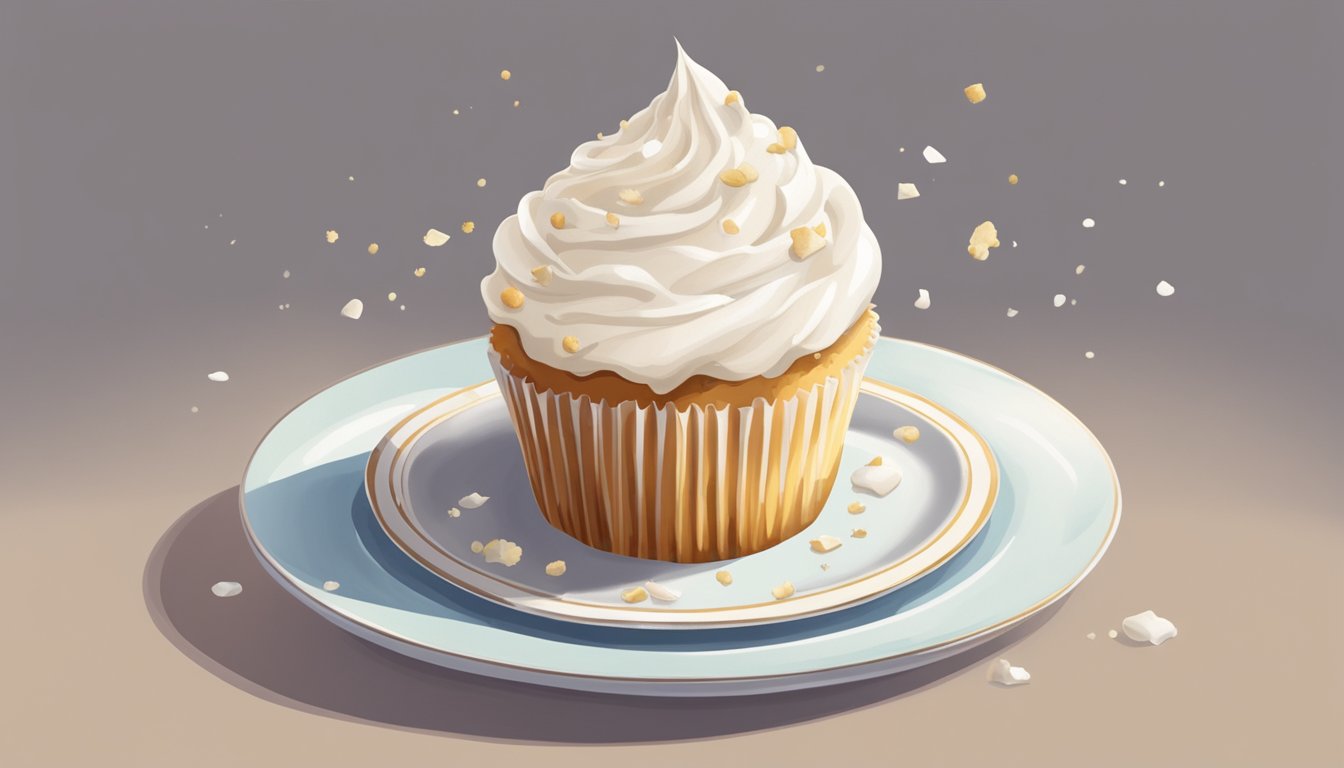 A vanilla cupcake with white frosting sits on a delicate plate, surrounded by a scattering of crumbs. A single bite has been taken from the top, revealing the moist, fluffy interior