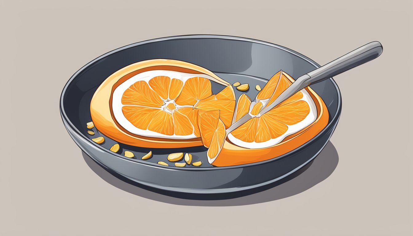 A xat being carefully peeled and sliced open, revealing its juicy, orange flesh and seeds inside