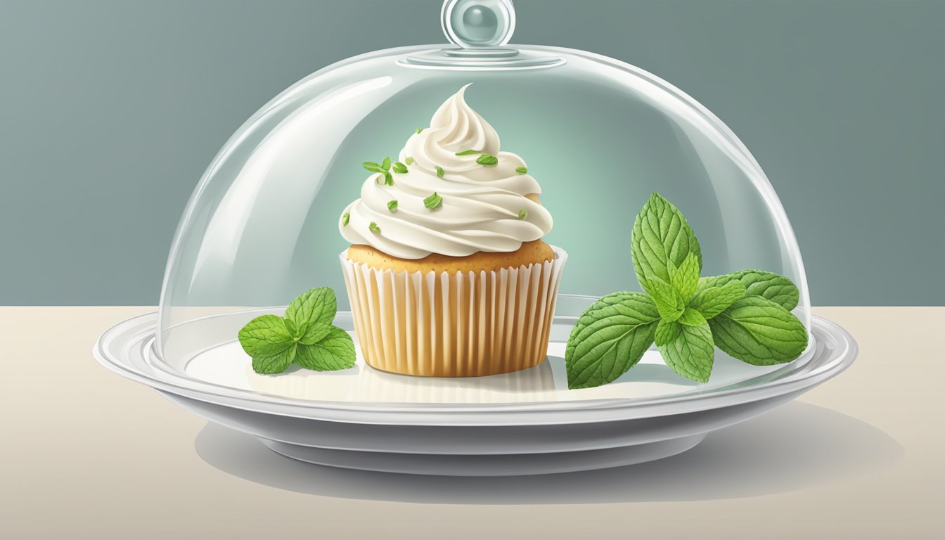 A vanilla cupcake sits on a white plate with a clear dome lid, surrounded by fresh vanilla beans and a sprig of mint