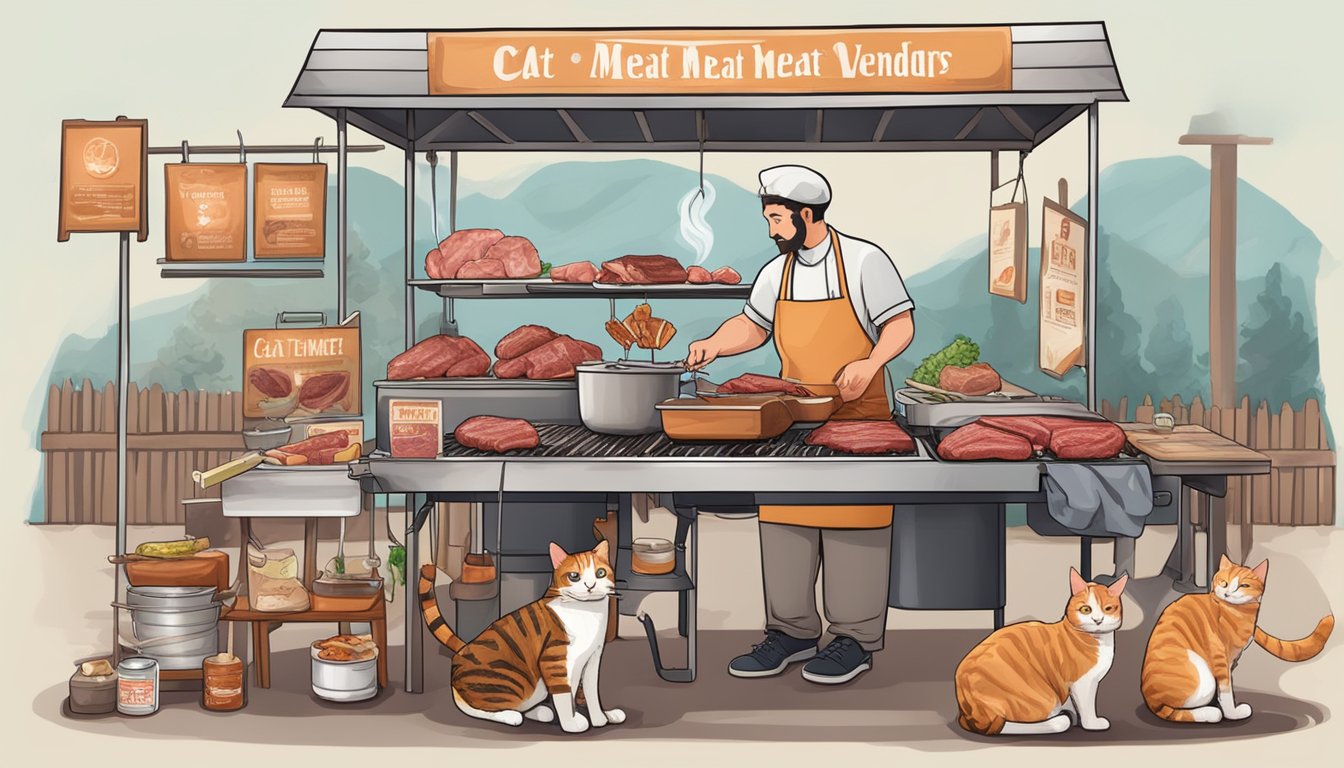 A cat meat vendor preparing and cooking cat meat over a grill, surrounded by signs promoting the health benefits and ethical considerations of consuming cat meat