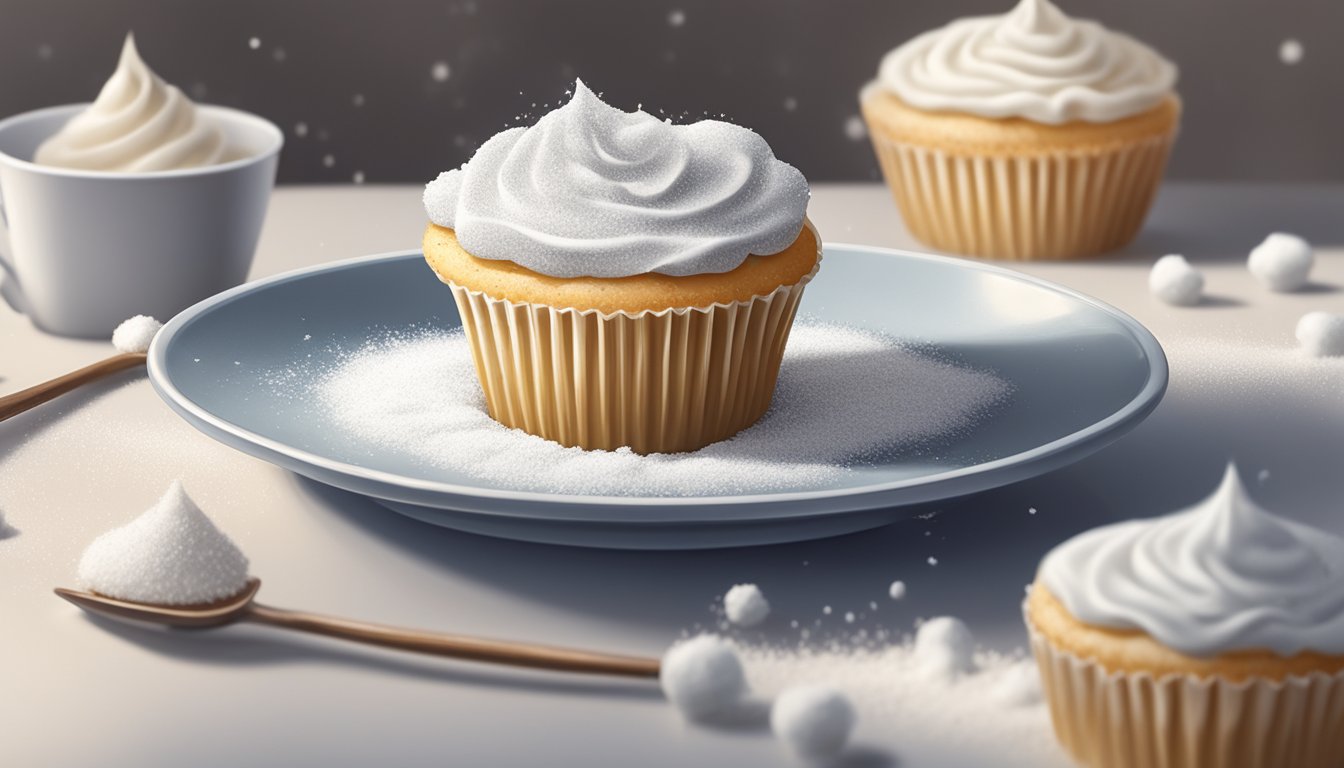 A vanilla cupcake sits on a delicate plate, surrounded by a scattering of fresh vanilla beans and a dusting of powdered sugar