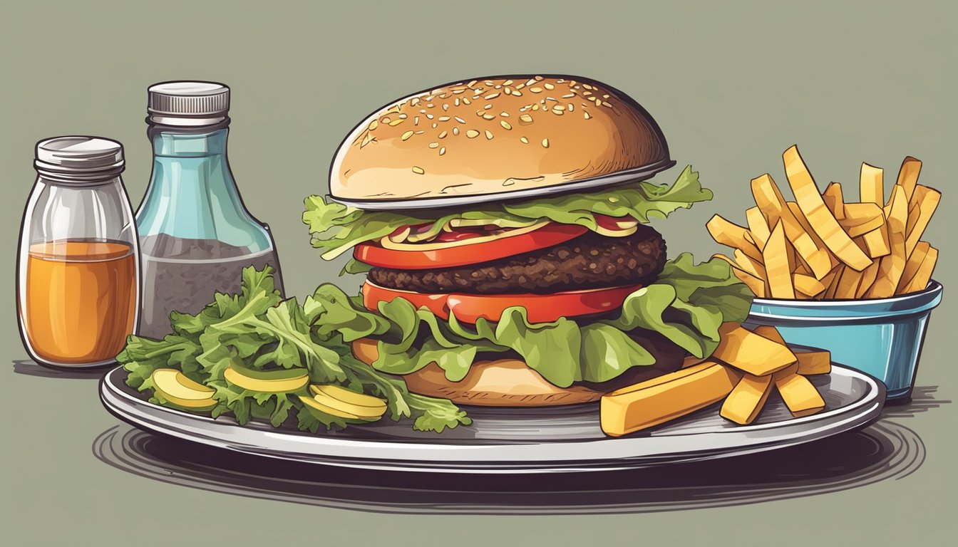 A plate with a veggie burger surrounded by a variety of toppings and condiments, such as lettuce, tomato, onion, pickles, and a side of fries