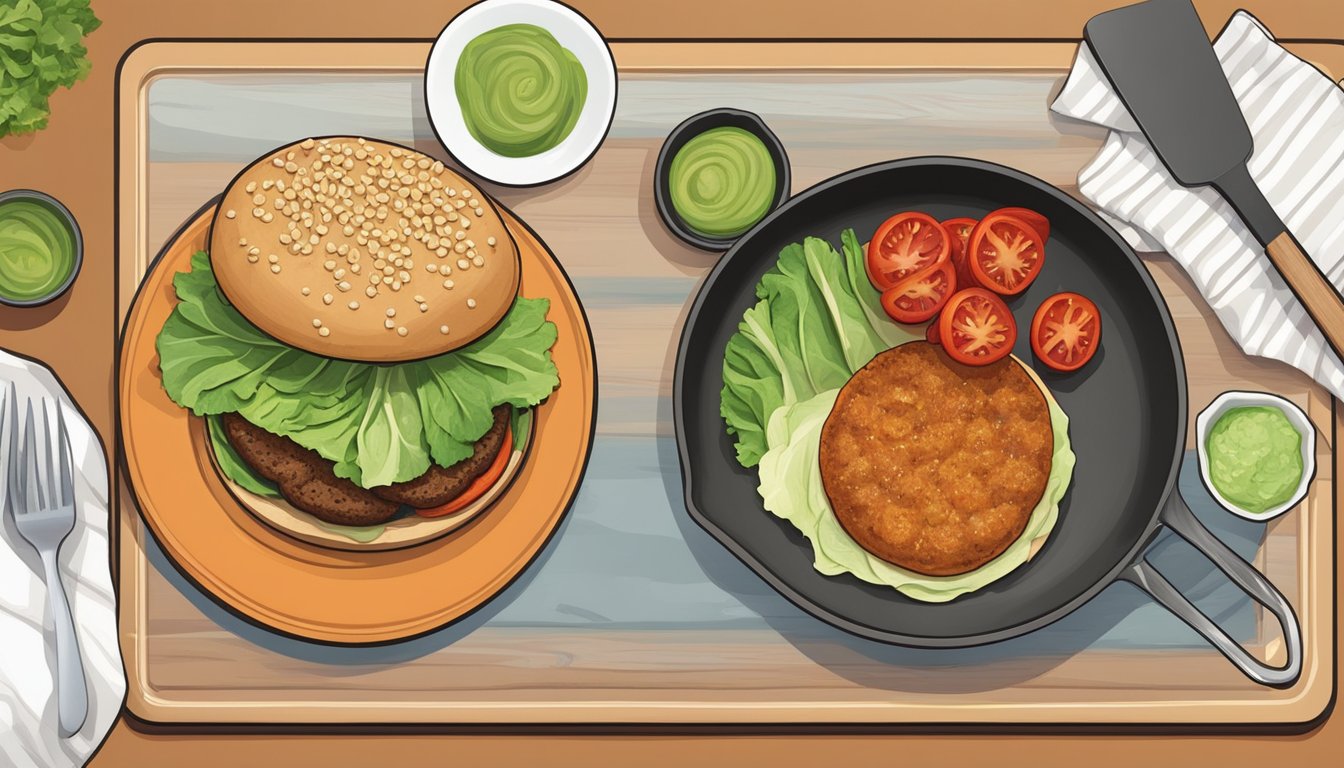 A cutting board with sliced tomatoes, lettuce, and onions, a bowl of mashed chickpeas, and a pan with veggie burger patties sizzling