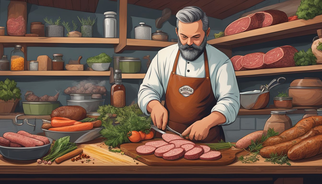 A butcher expertly seasons and grinds meat, surrounded by traditional German spices and herbs, evoking the rich history of Texan sausage making