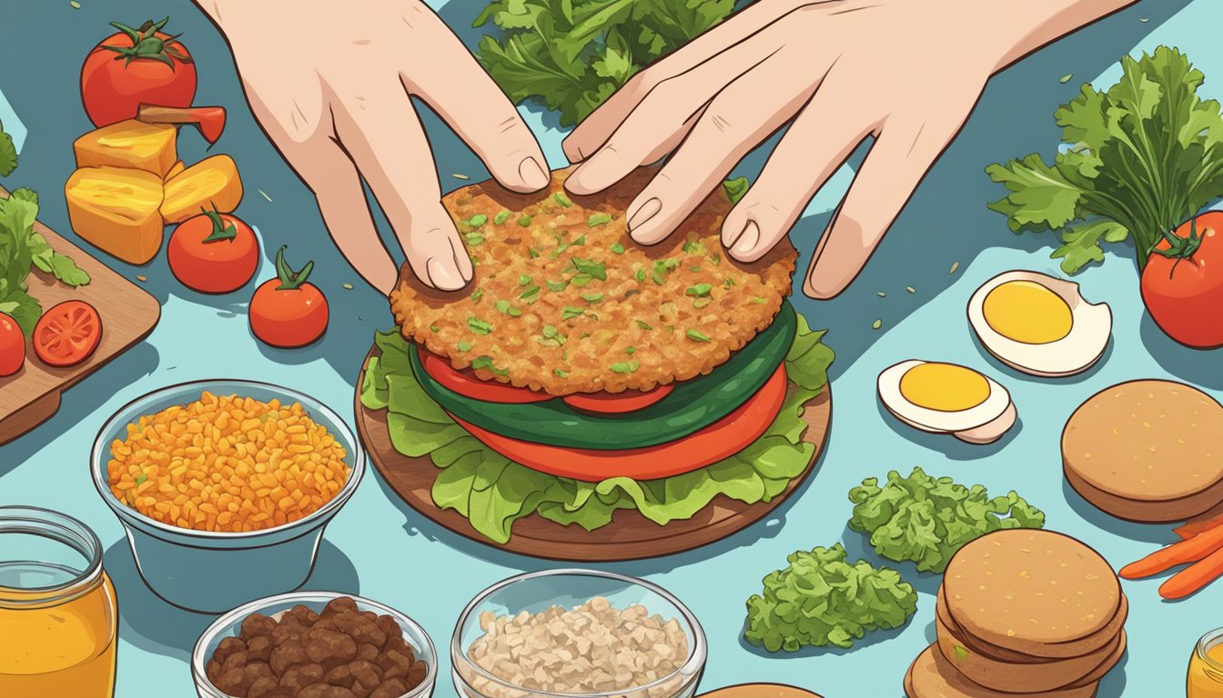 A hand shaping a veggie patty with various ingredients scattered around