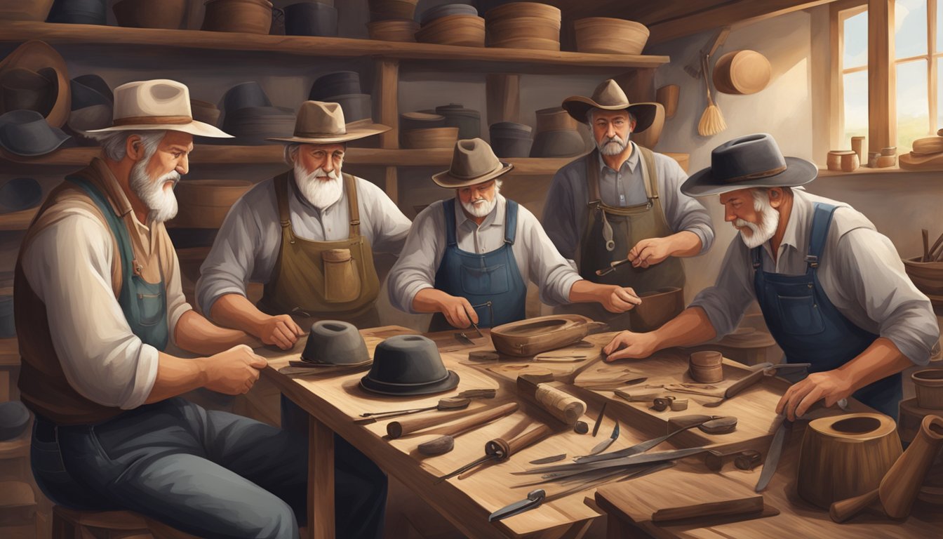 A group of German Texan settlers working together to craft traditional hats in a workshop, surrounded by tools and materials