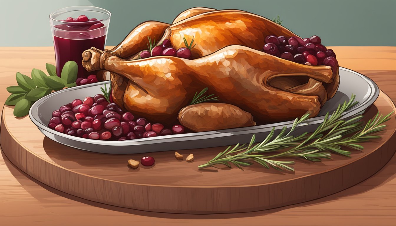 A roasted turkey leg on a wooden platter with a side of cranberry sauce and a sprig of rosemary