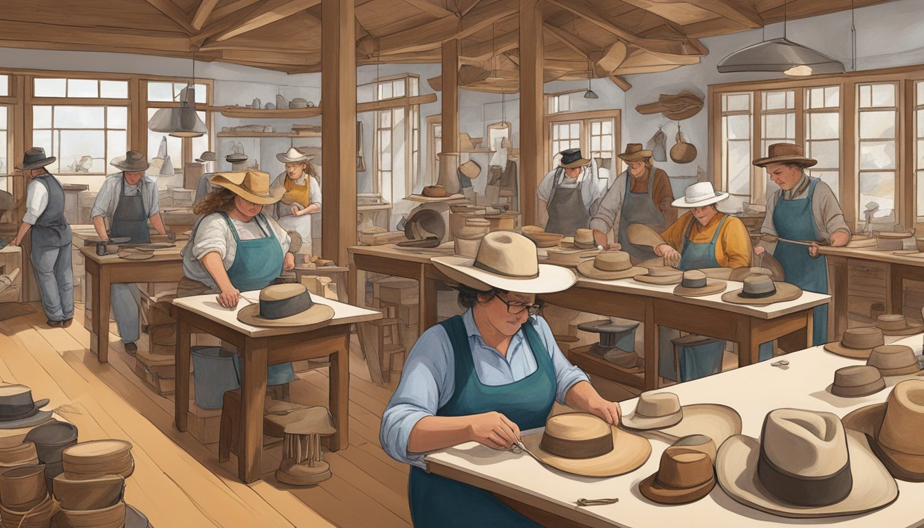 A bustling hatmaking workshop in Texas, blending German and Texan cultural elements. Traditional hat designs and modern techniques are evident