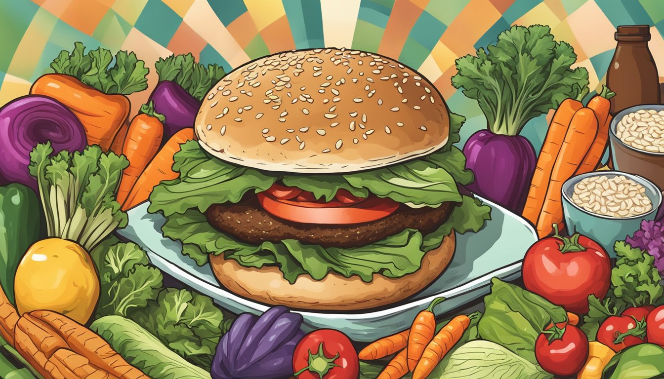 A veggie burger being bitten into, surrounded by colorful vegetables and whole grain bun