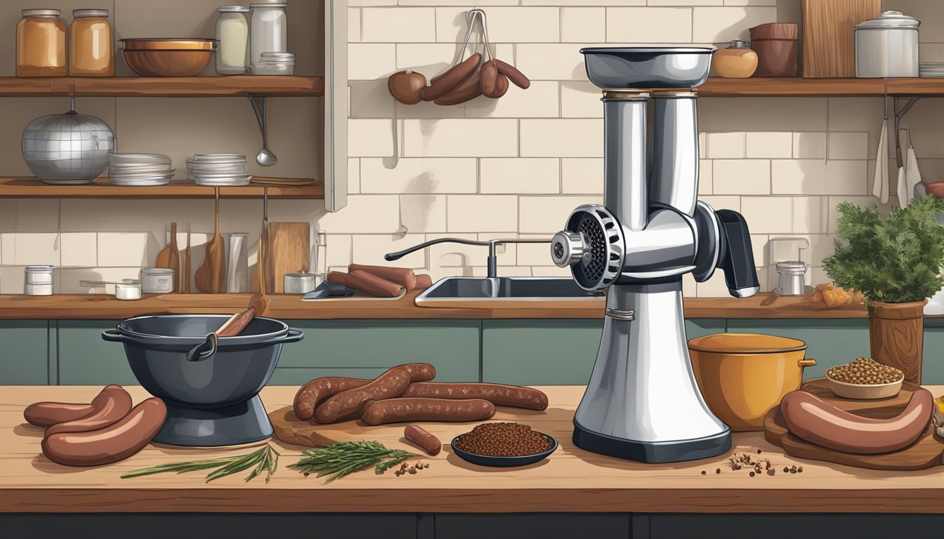 A Texan kitchen with a traditional sausage-making setup, including a meat grinder, spices, and casings