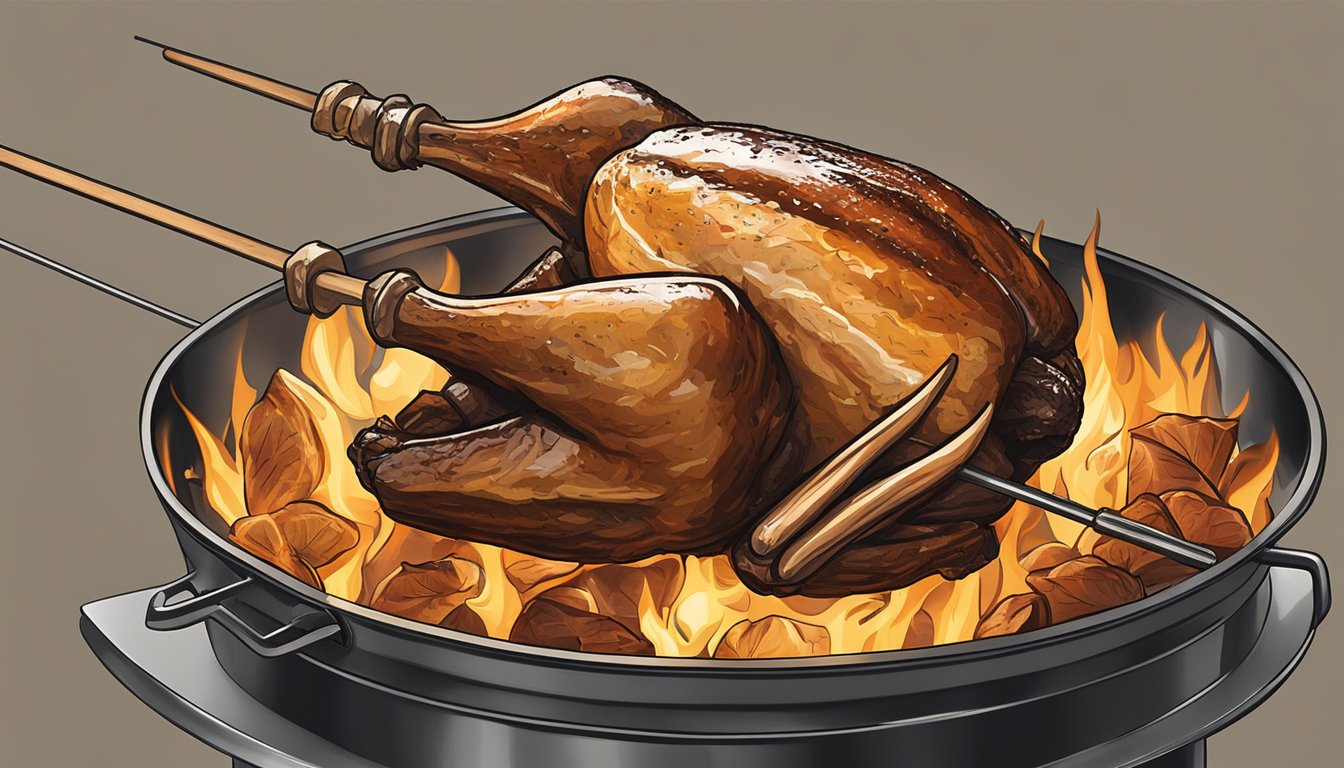 A turkey leg being roasted over an open flame on a metal skewer