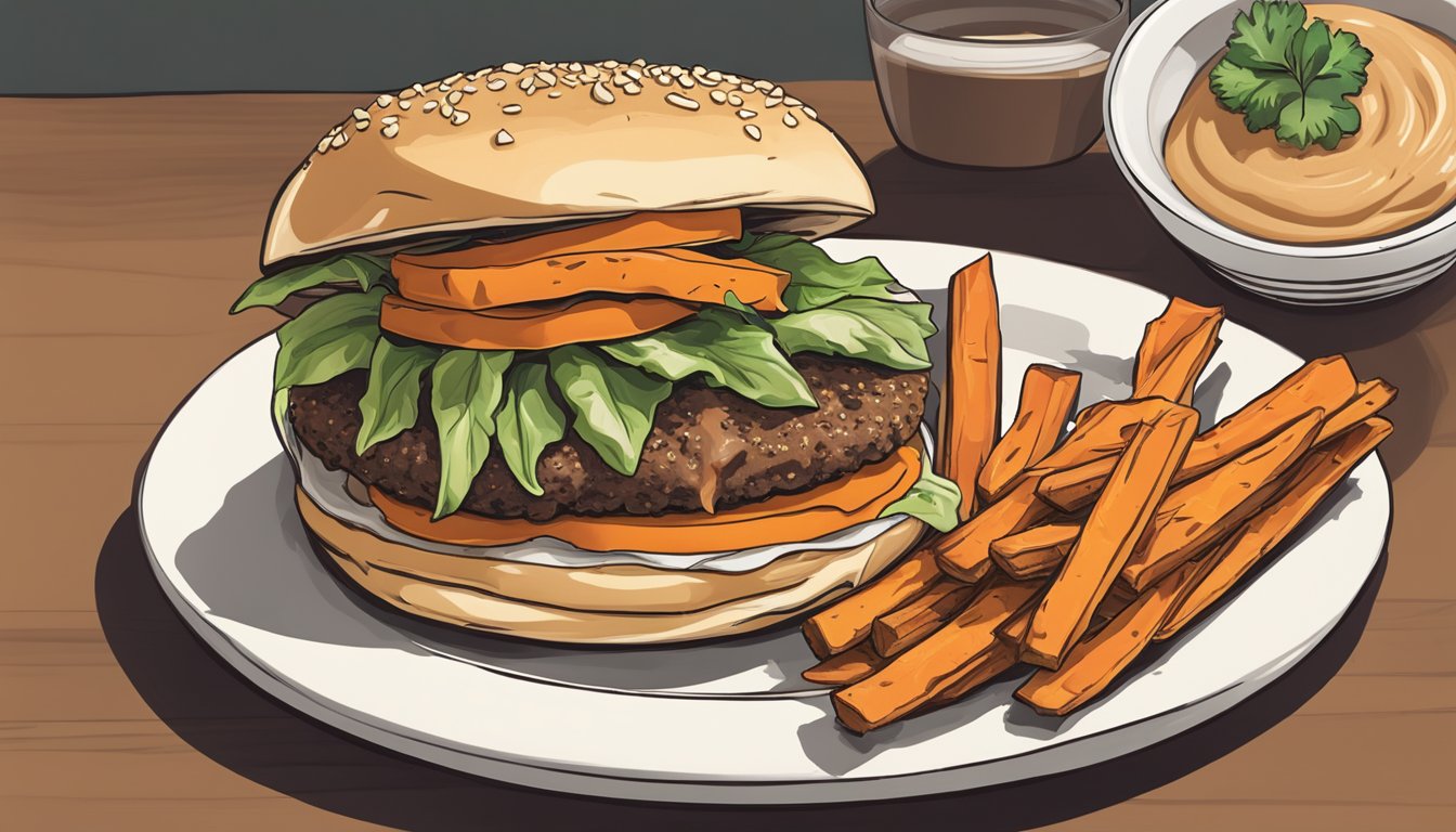 A veggie burger on a sesame seed bun sits on a white plate with a side of sweet potato fries and a small dish of chipotle aioli