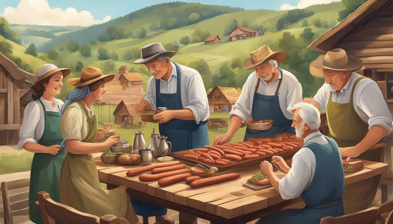 A group of individuals gather around a large outdoor wooden table, surrounded by picturesque rolling hills and a quaint German-style village. They are engaged in the traditional process of making German Texan sausages, using old-fashioned equipment and following time-honored techniques