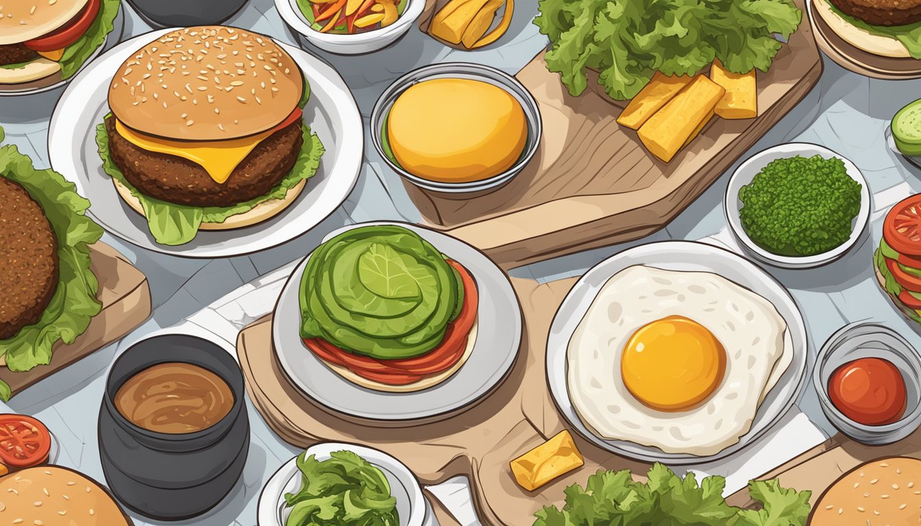 A table set with various veggie burger toppings and condiments, with a burger patty on a bun ready to be customized