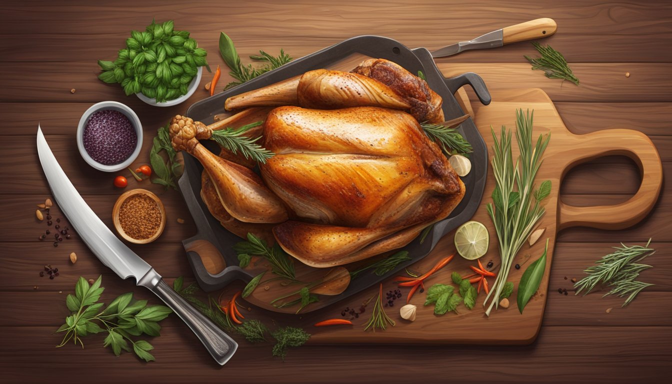 A roasted turkey leg on a wooden cutting board, surrounded by herbs and spices, with a knife and fork nearby