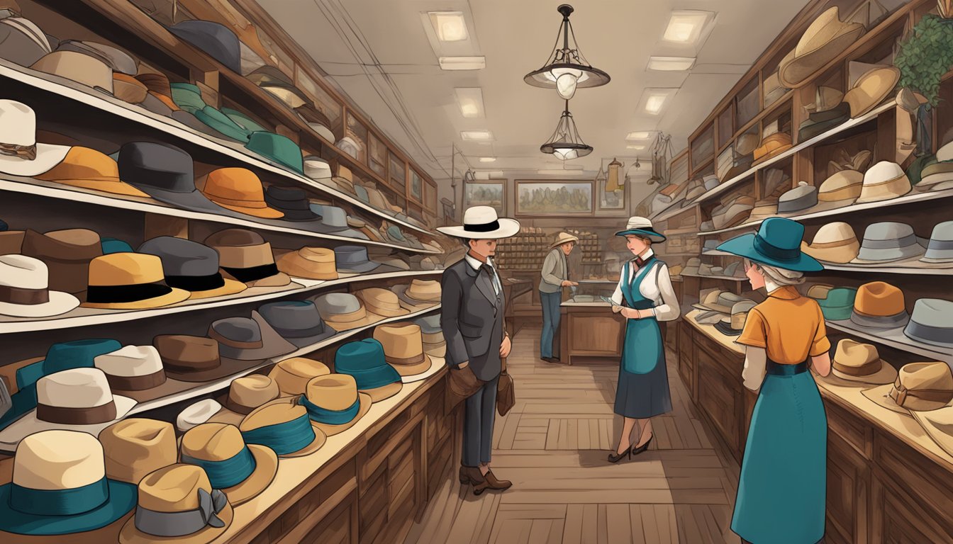 A bustling Texas millinery shop with German Texan influence evident in the design and craftsmanship of the hats