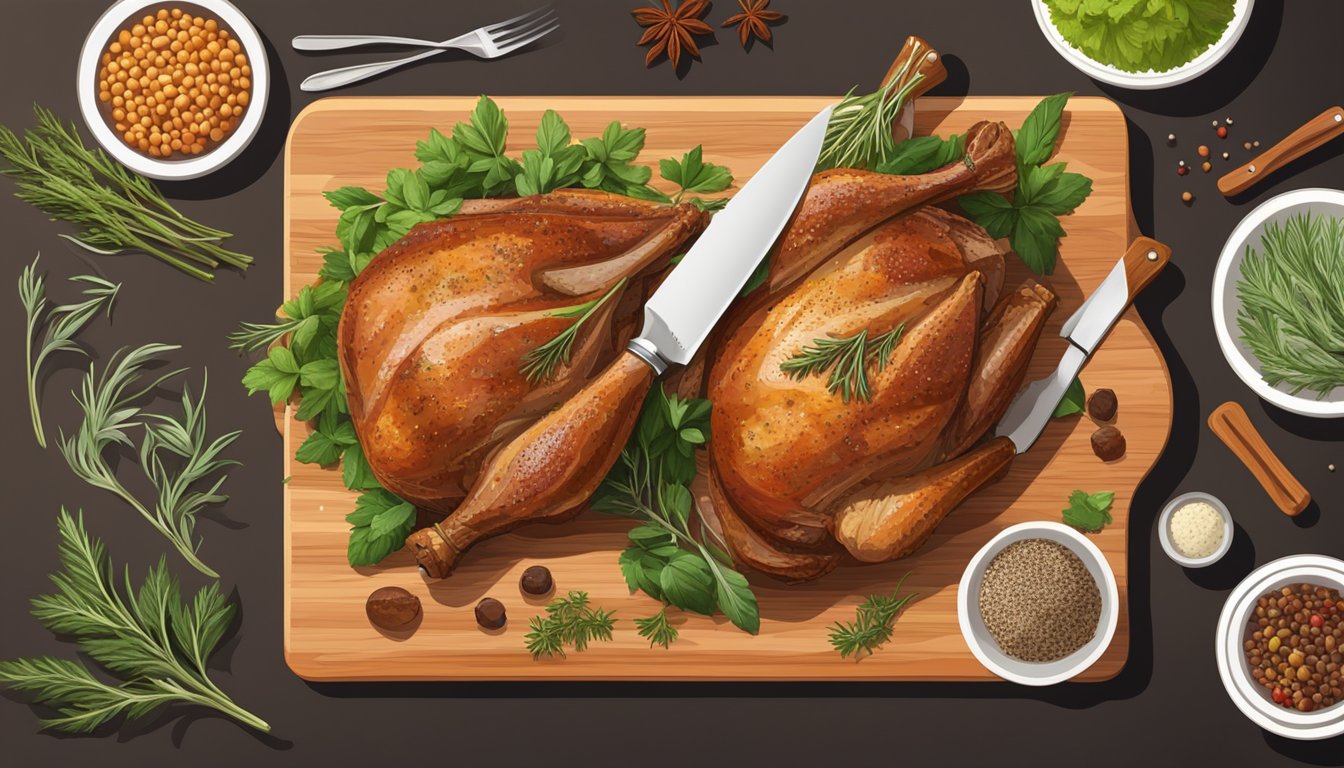 A cooked turkey leg on a wooden cutting board with a knife and fork next to it, surrounded by various herbs and spices