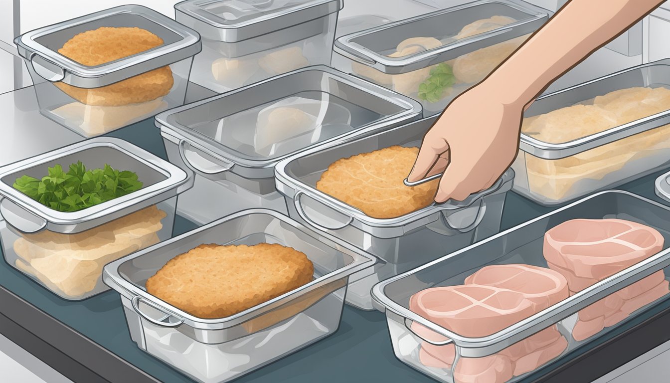 A veal cutlet is being placed in a secure, airtight container for safe storage