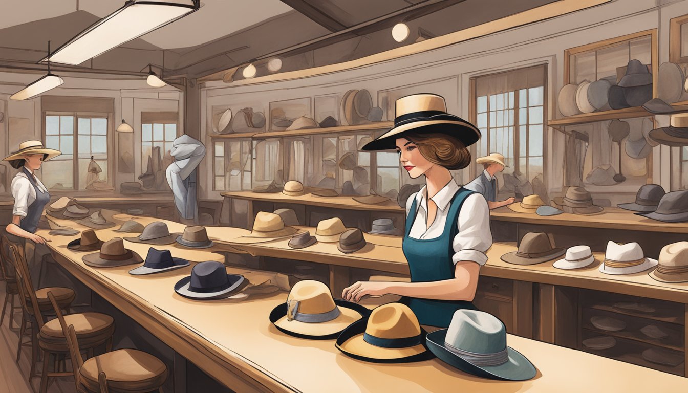 A bustling Texas millinery workshop, blending German and Texan influences in hat designs. Traditional craftsmanship meets modern flair in the legacy of German Texan influence