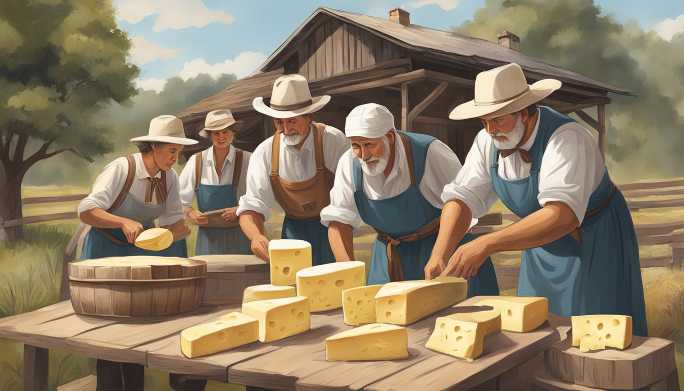 A group of German immigrants in traditional clothing making cheese in a rustic Texas setting