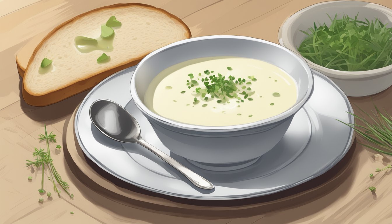 A bowl of vichyssoise being served with a dollop of cream and chives on top, accompanied by a slice of crusty bread