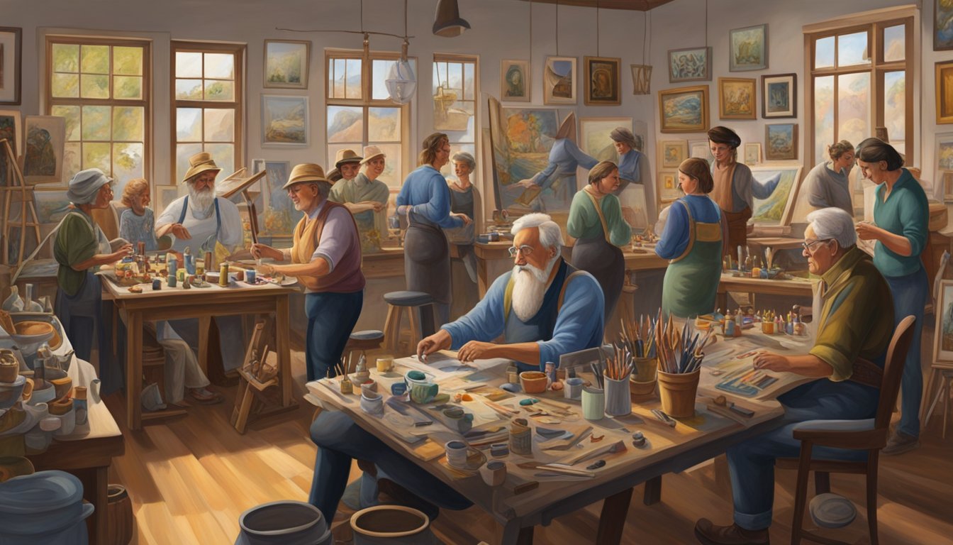 A group of German Texan painters and sculptors gather in a vibrant art studio, surrounded by their works depicting the rich history of their heritage