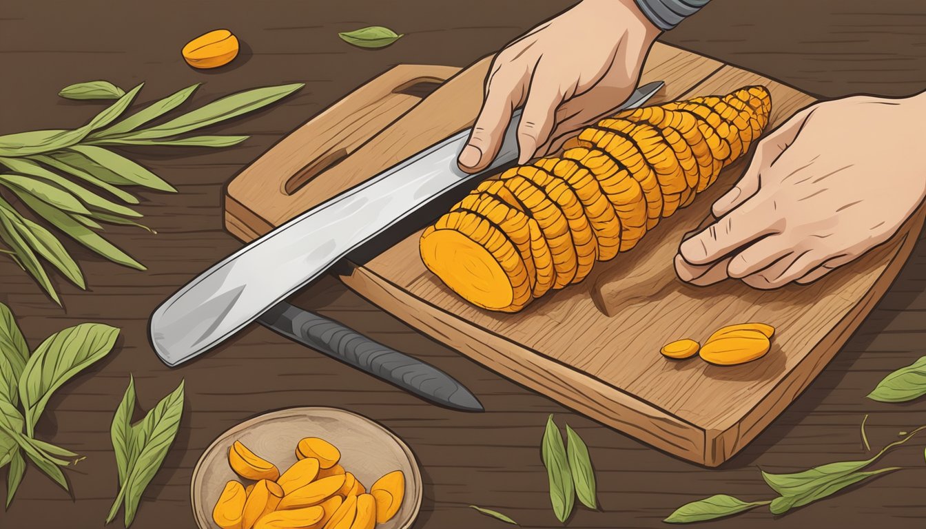 A hand holding a fresh turmeric root, a cutting board, and a knife ready to slice and prepare the root for consumption