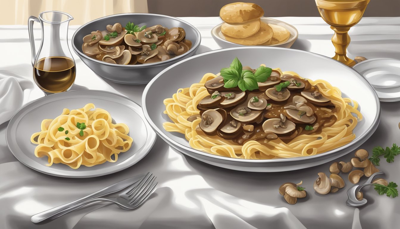 A plate of veal marsala with mushrooms and a side of pasta on a white tablecloth