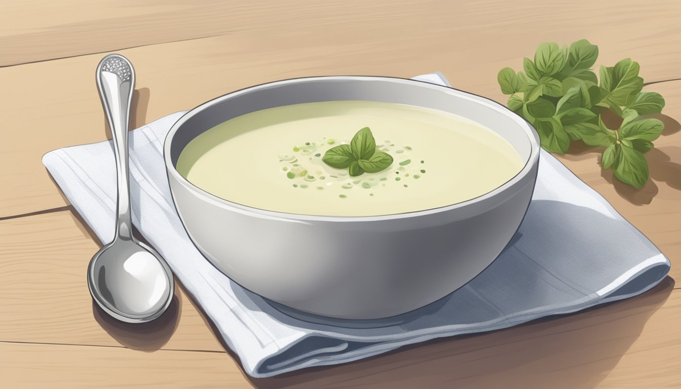 A bowl of vichyssoise sits on a placemat with a spoon beside it. A napkin is neatly folded next to the bowl