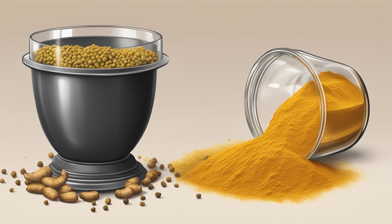 A turmeric root being grated into a fine powder, mixed with black pepper, and added to a warm, fatty liquid for optimal absorption