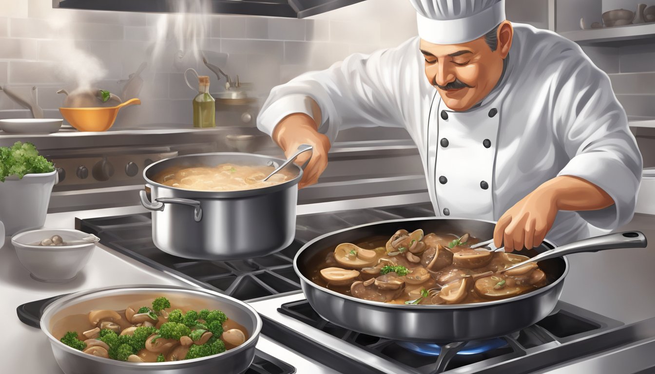 A chef sautéing veal cutlets in a pan with mushrooms and marsala wine, creating a rich and savory sauce