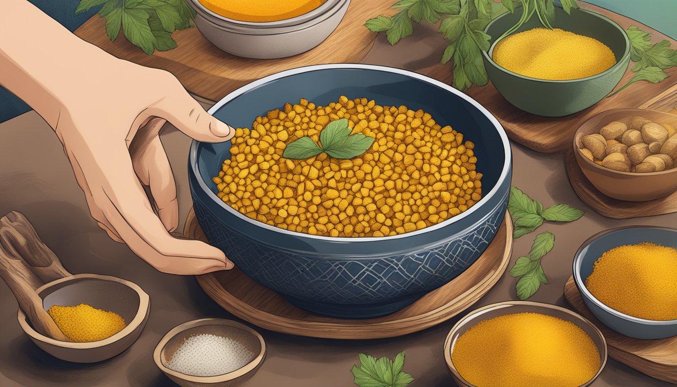 A hand grating a turmeric root into a bowl of curry