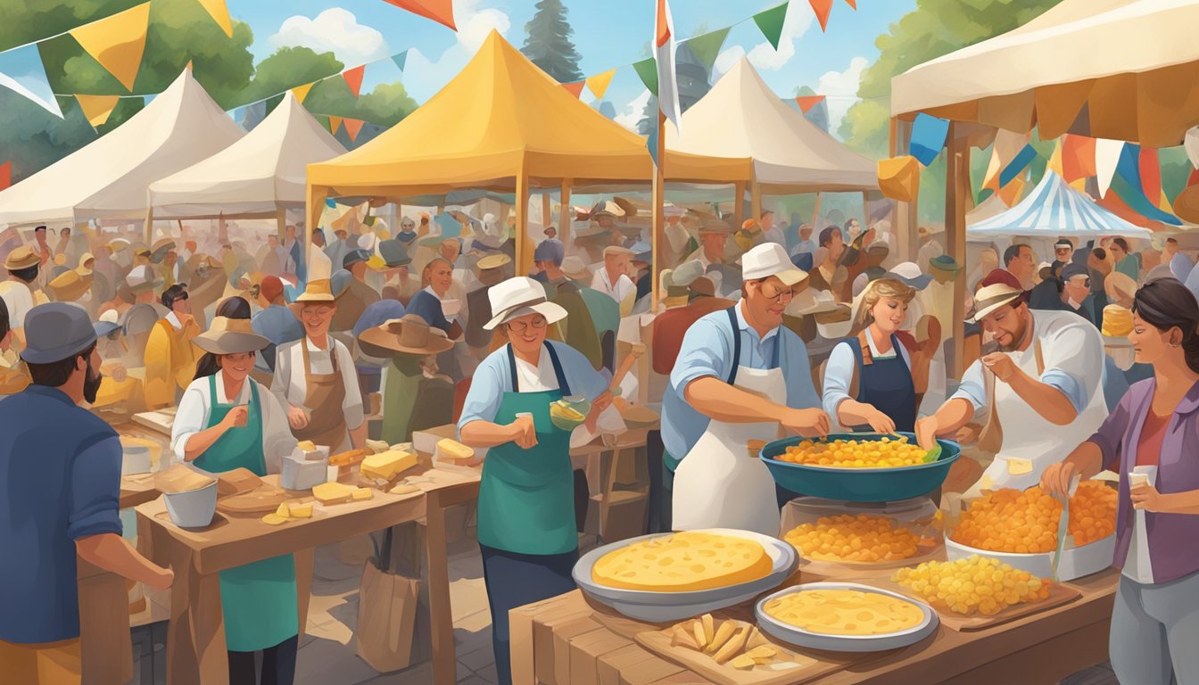 A bustling food festival with German Texan cheese-making demonstrations, traditional music, and colorful cultural celebrations