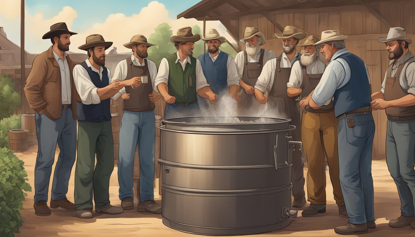 A group of German immigrants gather around a large brewing kettle, exchanging traditional brewing techniques with Texan brewers. The aroma of hops and malt fills the air as the two cultures come together to shape the future of beer in Texas