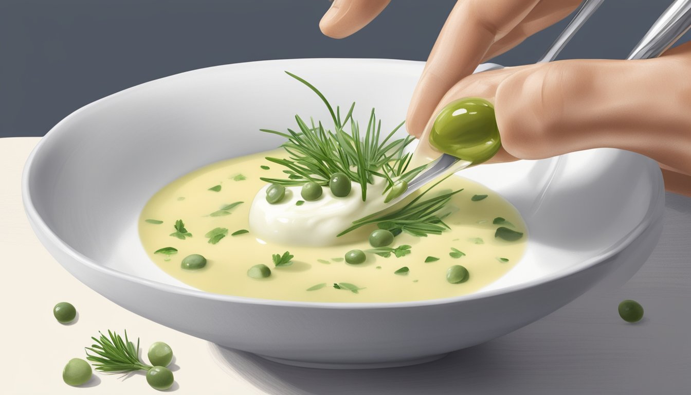 A person delicately spooning vichyssoise from a porcelain bowl, with a garnish of chives and a drizzle of olive oil on top