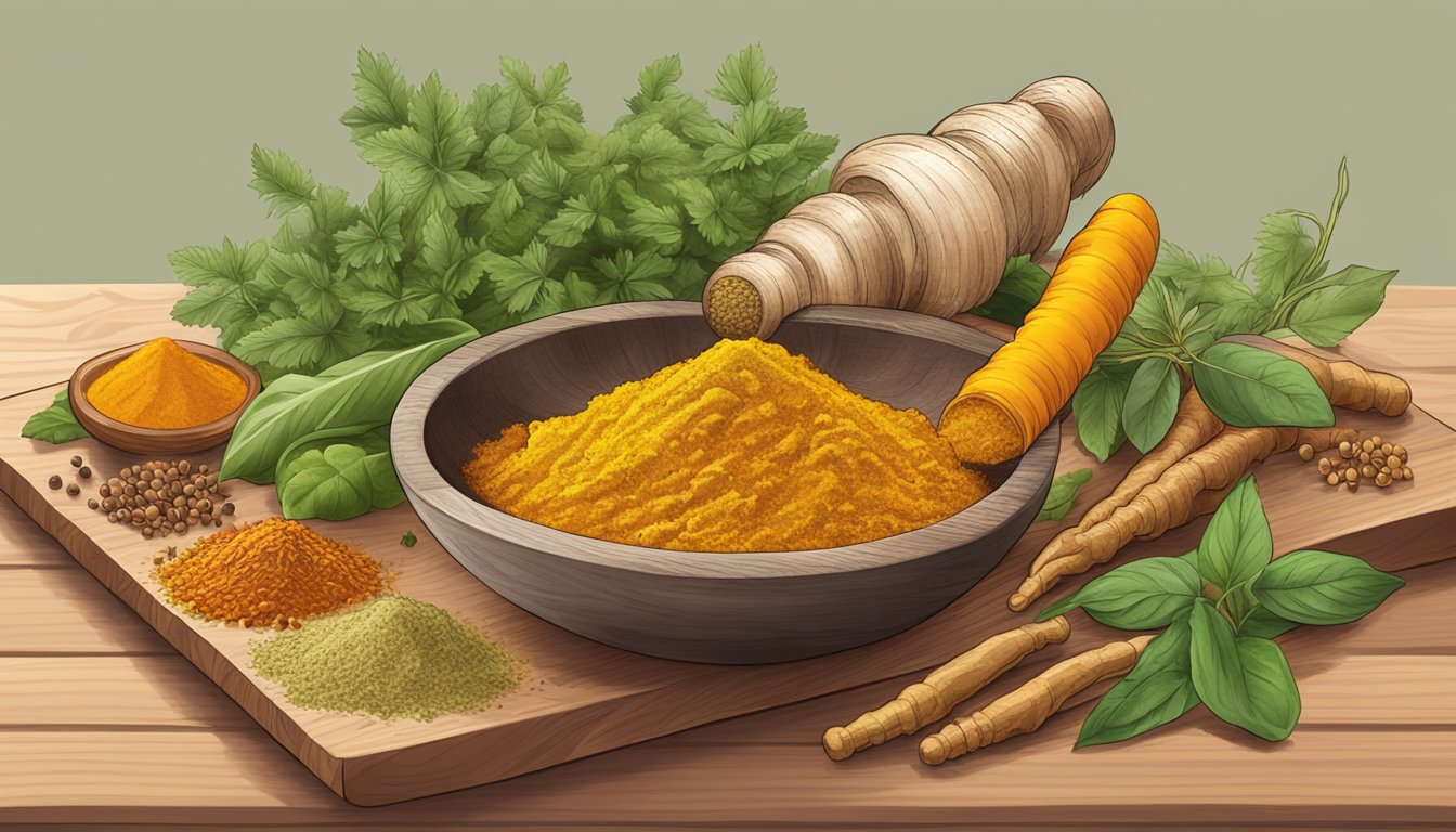 A turmeric root being grated into a bowl, surrounded by various cooking spices and herbs on a wooden cutting board