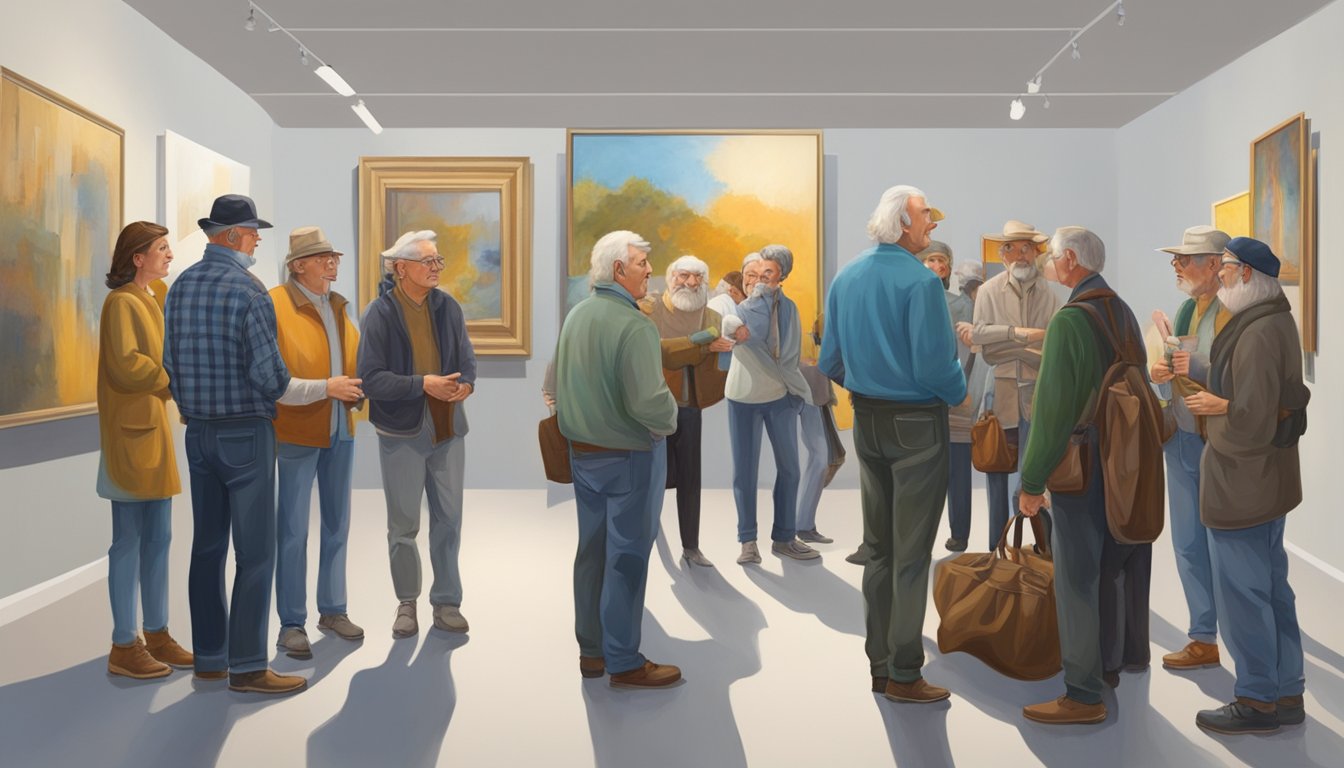 A group of German Texan painters and sculptors gather in a modern art gallery, their works on display and receiving recognition