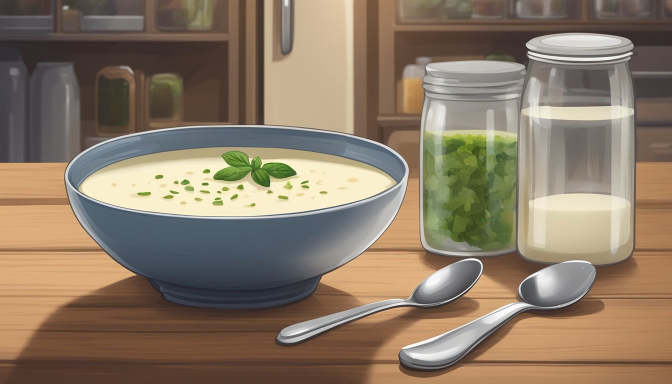 A bowl of vichyssoise soup on a wooden table with a spoon beside it. A refrigerator in the background with shelves of ingredients